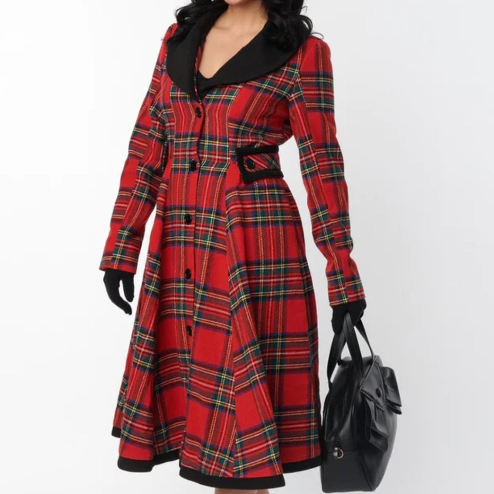 Unique Vintage Red Tartan Plaid Parkview Swing Coat - M/6-8